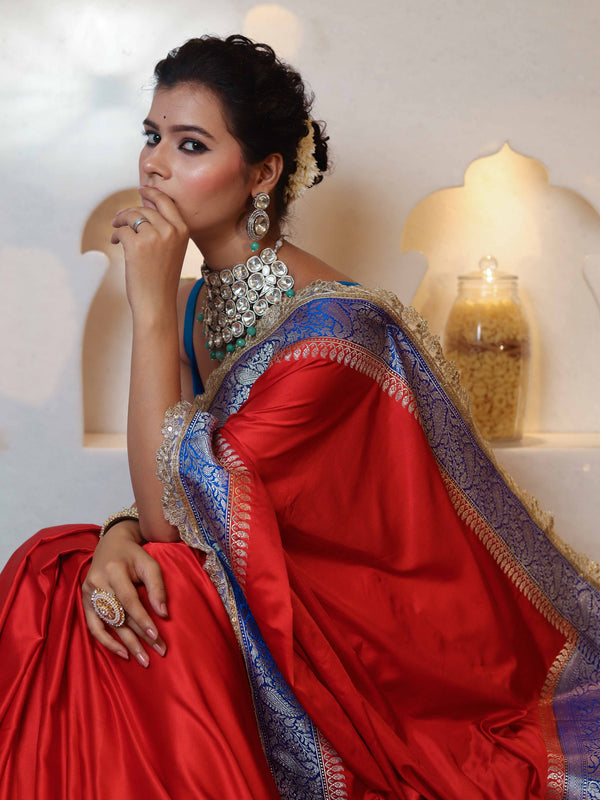 Banarasee Handwoven Mashru Silk Plain Saree With Sona Rupa Zari Contrast Border & Lace-Red & Blue