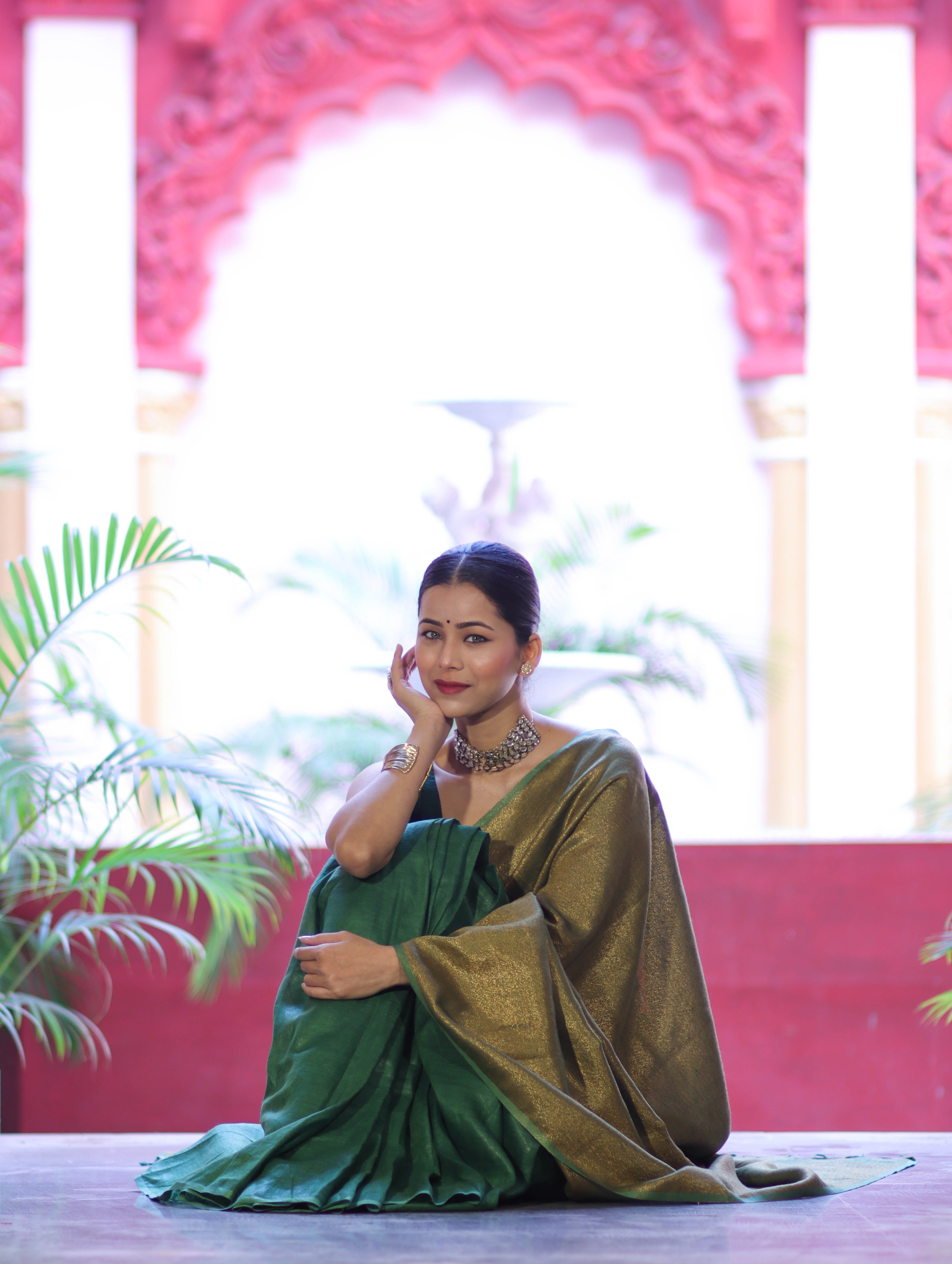 Bhagalpuri Handloom Dual Color Pure Linen Shine Saree-Green & Gold