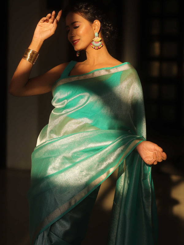 Banarasee Handwoven Plain Tissue Saree-Sea Green