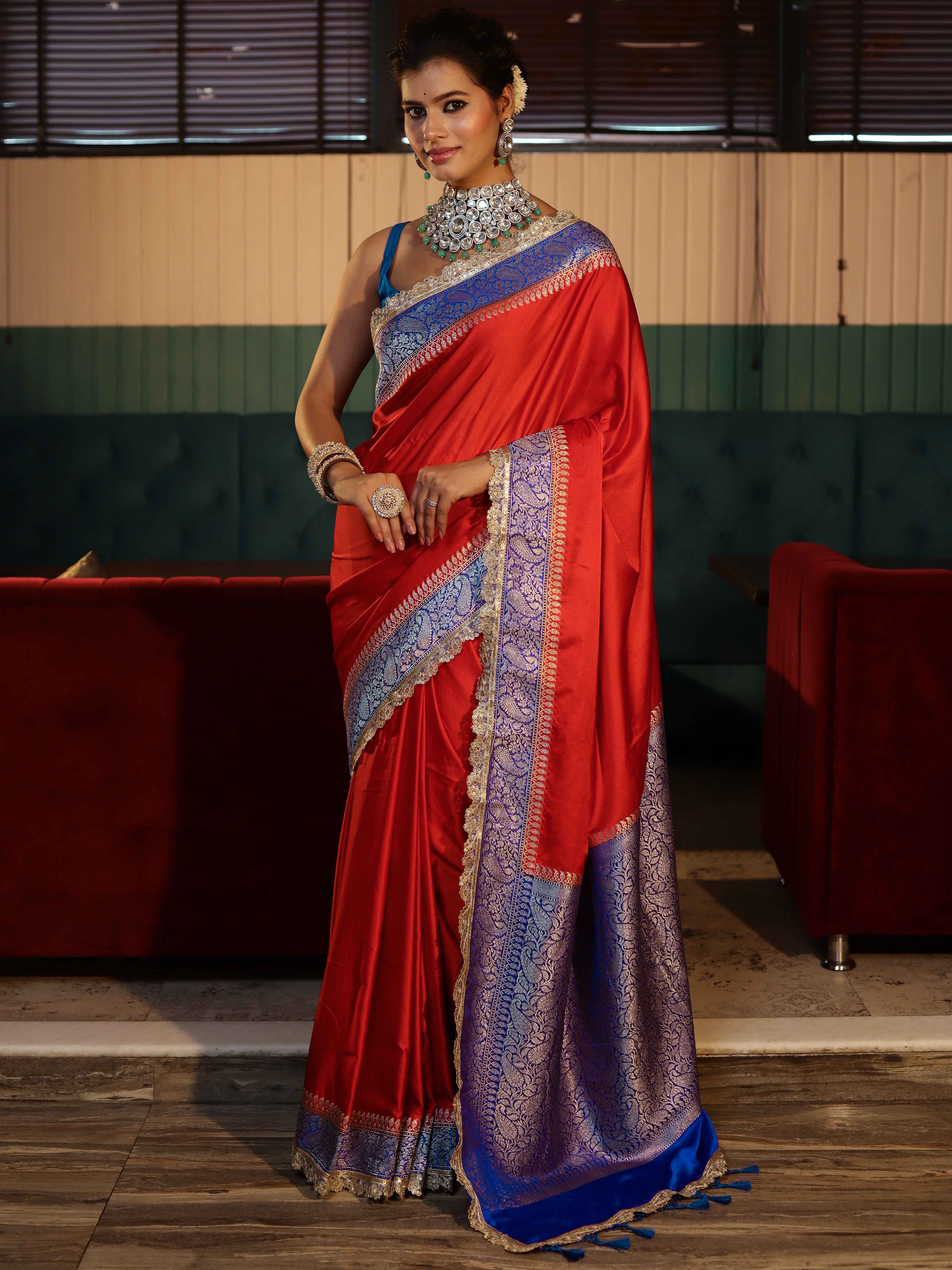 Banarasee Handwoven Mashru Silk Plain Saree With Sona Rupa Zari Contrast Border & Lace-Red & Blue