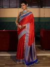 Banarasee Handwoven Mashru Silk Plain Saree With Sona Rupa Zari Contrast Border & Lace-Red & Blue