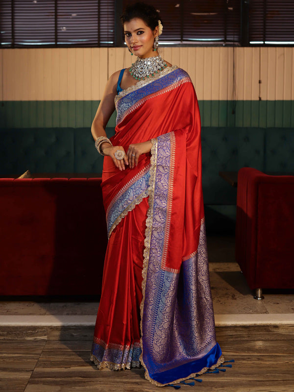 Banarasee Handwoven Mashru Silk Plain Saree With Sona Rupa Zari Contrast Border & Lace-Red & Blue