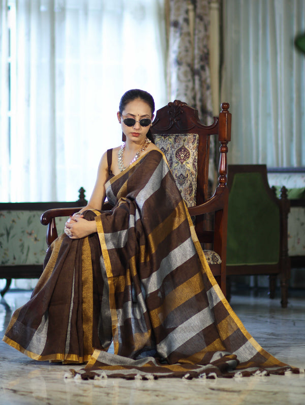 Bhagalpur Handloom Pure Linen Saree With Gold & Silver Stripes-Brown