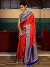Banarasee Handwoven Mashru Silk Plain Saree With Sona Rupa Zari Contrast Border & Lace-Red & Blue