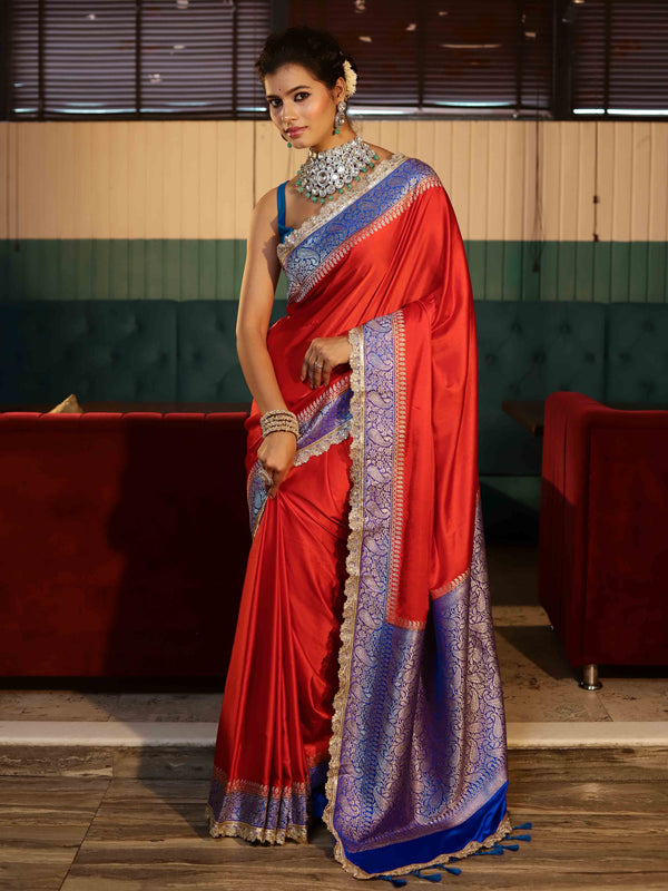 Banarasee Handwoven Mashru Silk Plain Saree With Sona Rupa Zari Contrast Border & Lace-Red & Blue