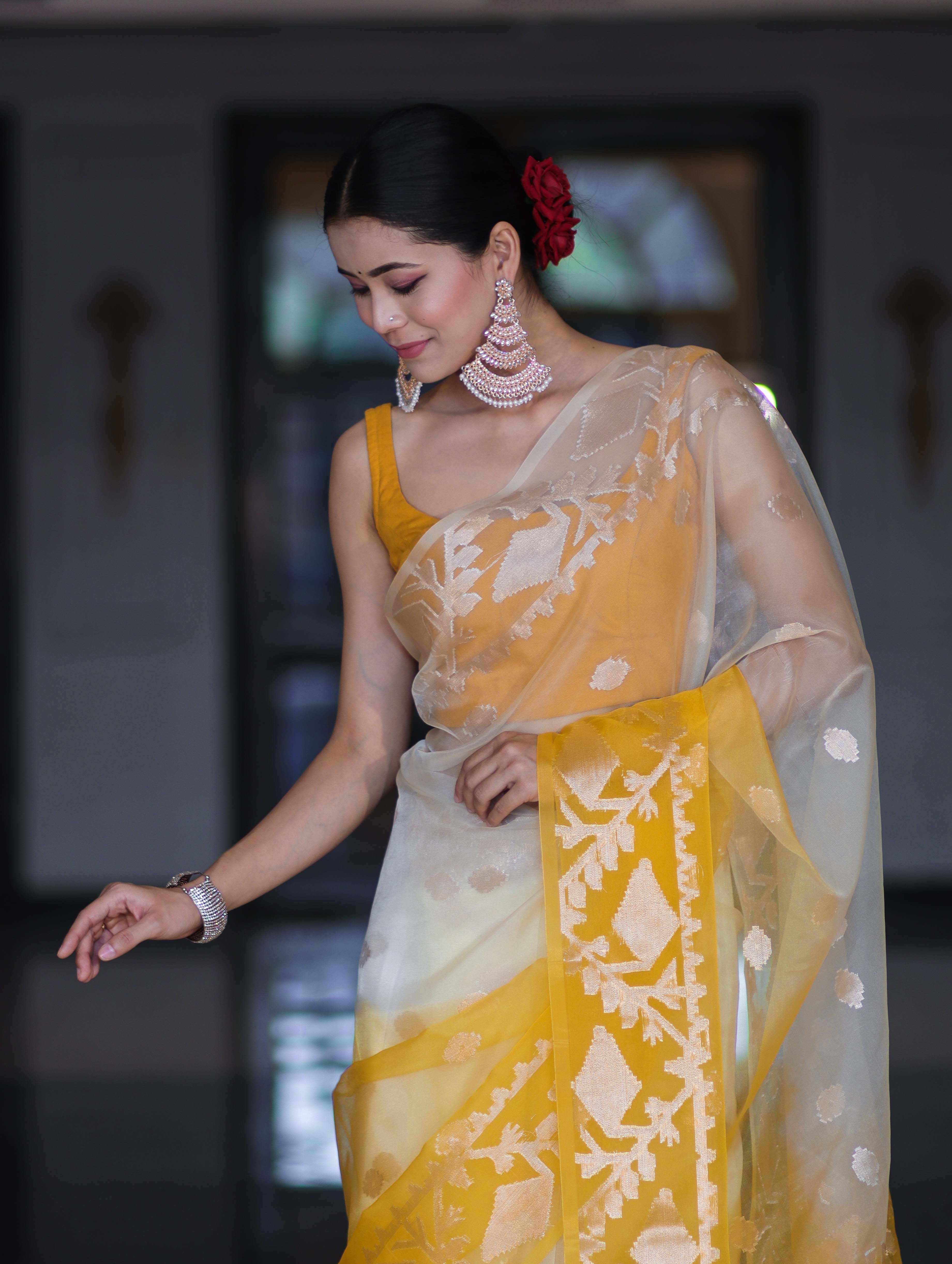 Banarasee Dual Color Organza Mix Saree With Zari Work-Yellow (Dual Tone)