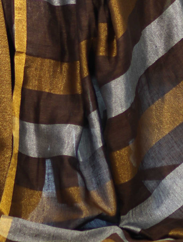 Bhagalpur Handloom Pure Linen Saree With Gold & Silver Stripes-Brown