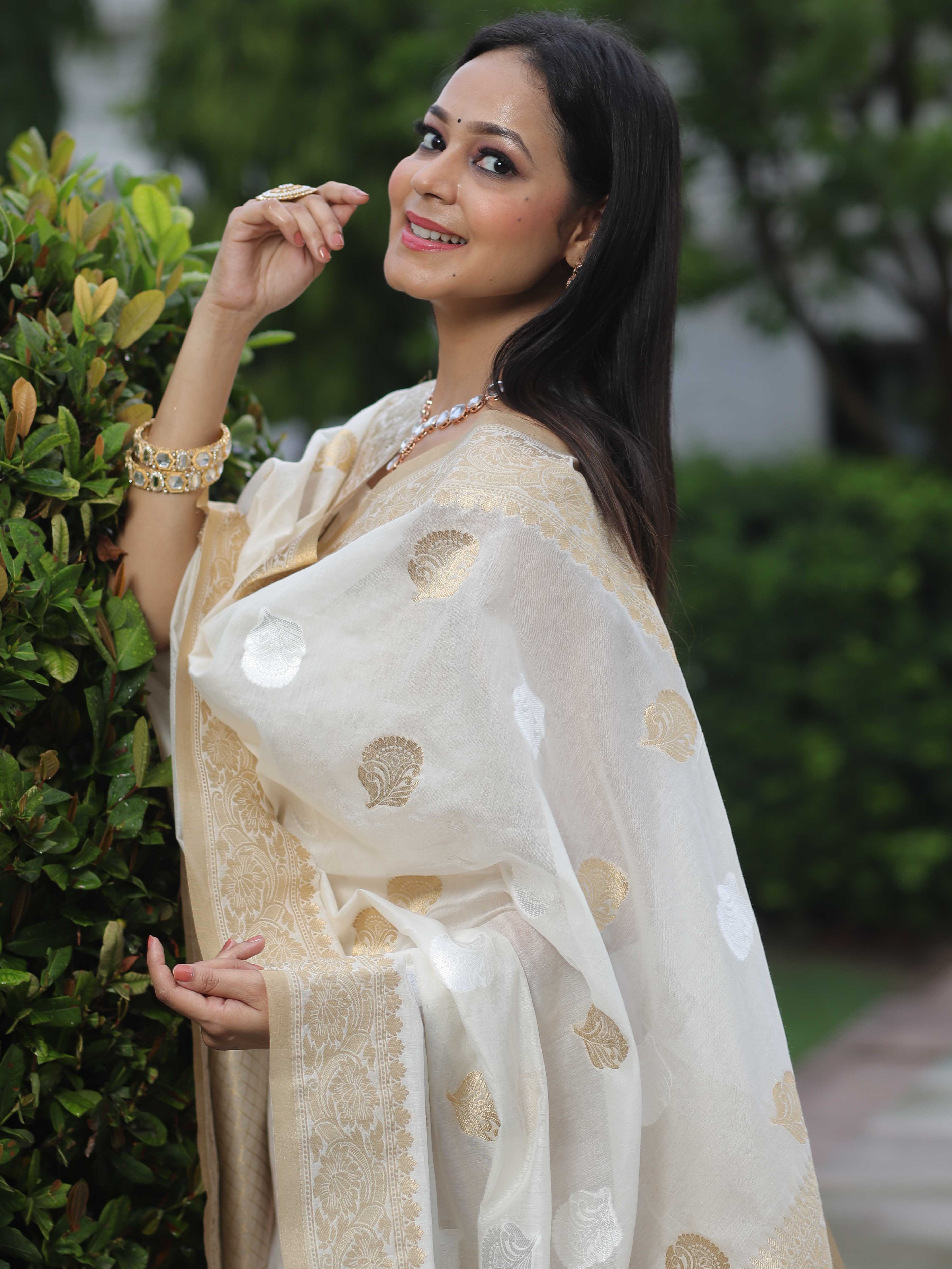 Banarasee Cotton Silk Sona Rupa Work Salwar Kameez Fabric & Dupatta-White