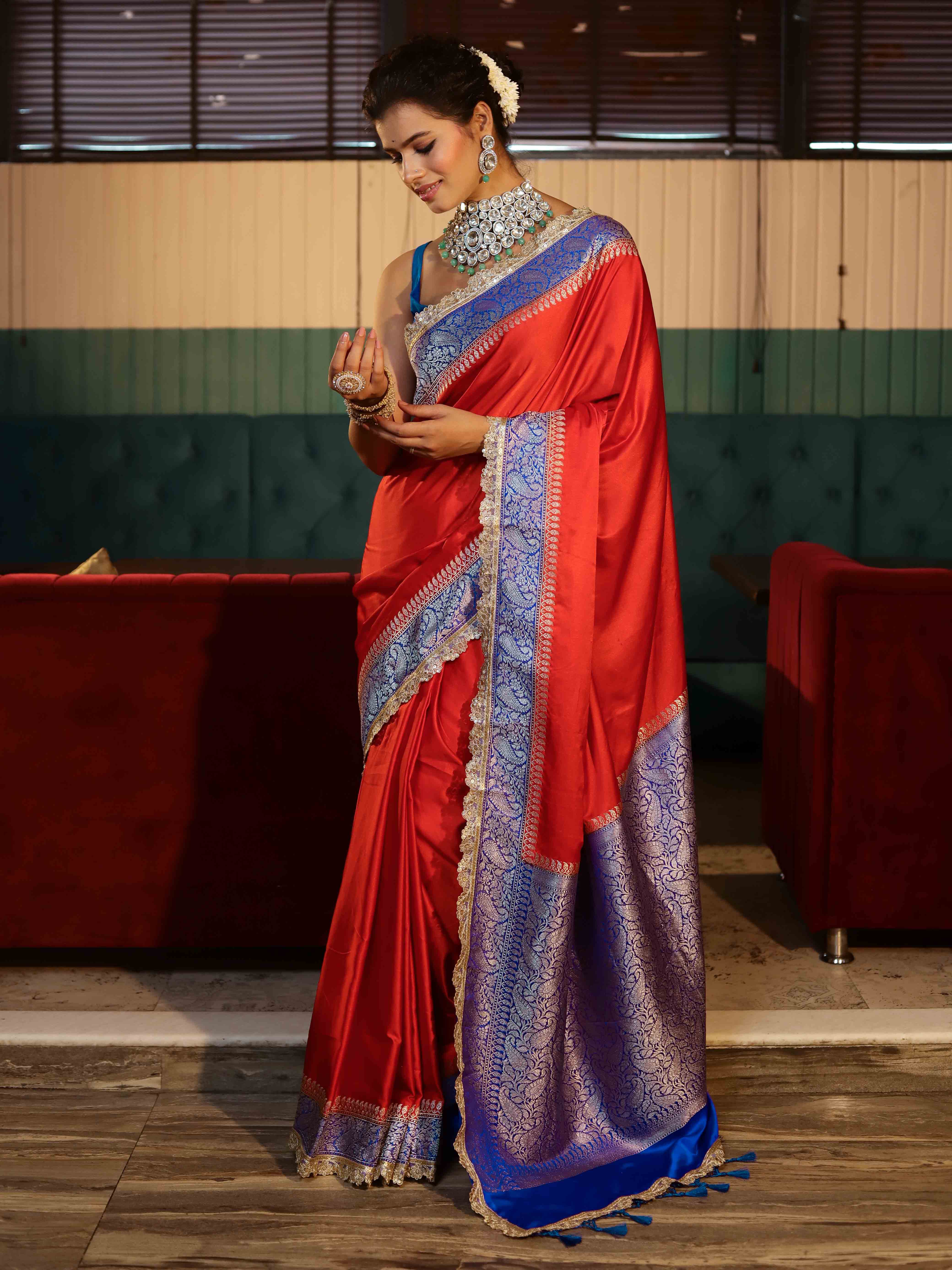 Banarasee Handwoven Mashru Silk Plain Saree With Sona Rupa Zari Contrast Border & Lace-Red & Blue