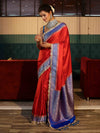 Banarasee Handwoven Mashru Silk Plain Saree With Sona Rupa Zari Contrast Border & Lace-Red & Blue