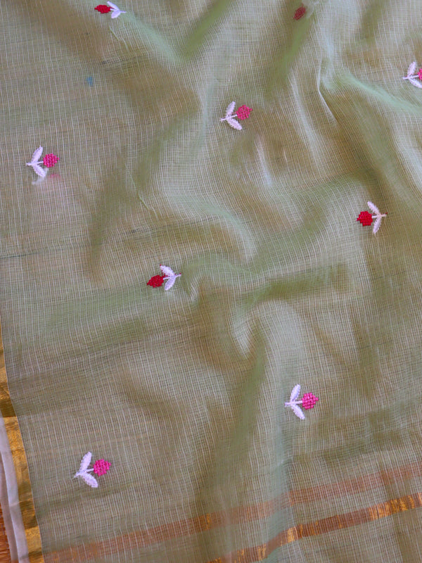 Banarasee Kota Doria Hand-Embroidered Salwar Kameez With Dupatta Set-Green