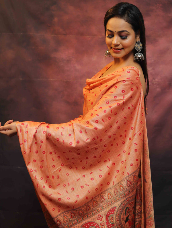 Pure Handloom Khadi Cotton Madhubani Print Salwar Kameez Dupatta Set-Peach