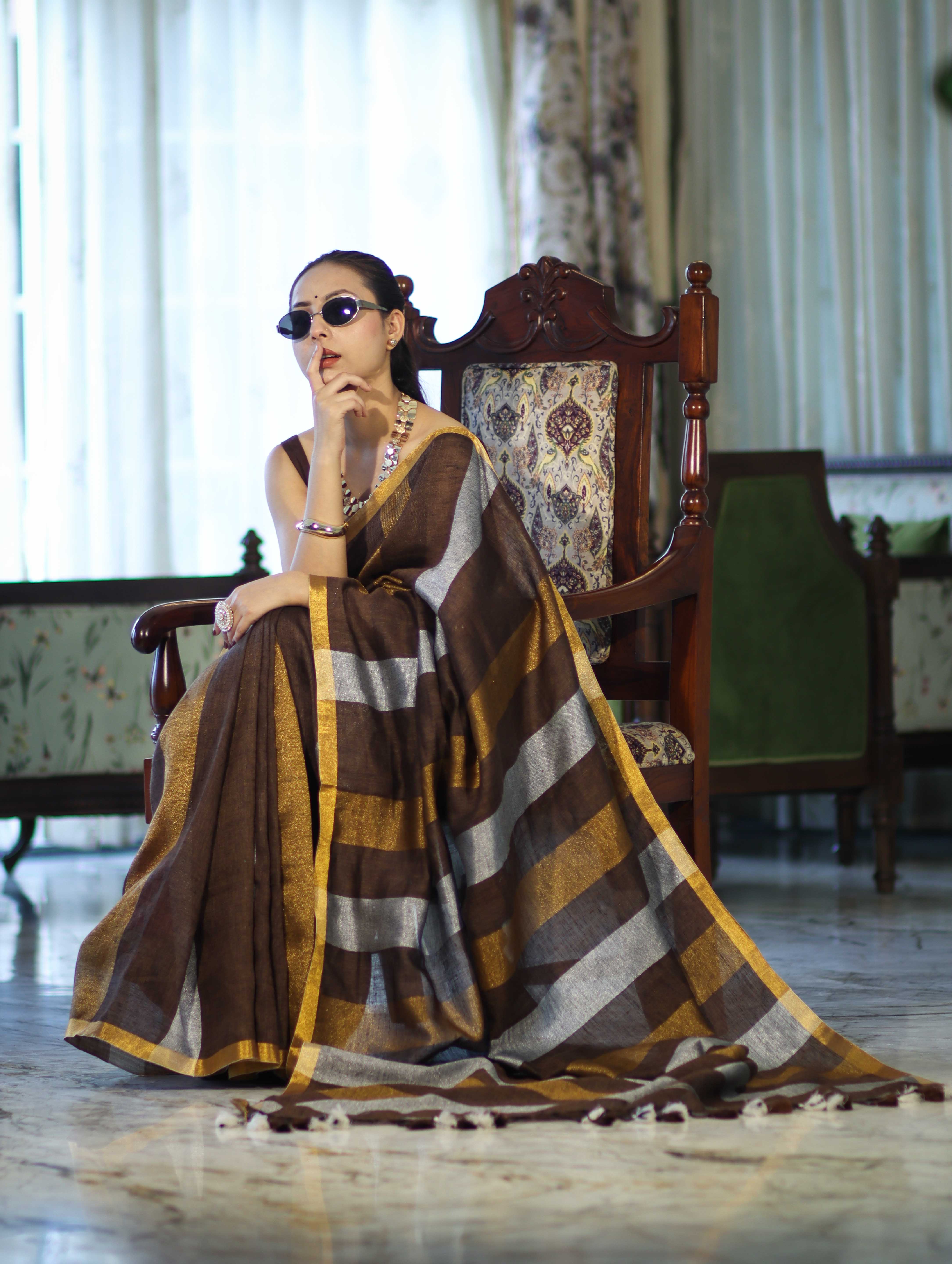 Bhagalpur Handloom Pure Linen Saree With Gold & Silver Stripes-Brown