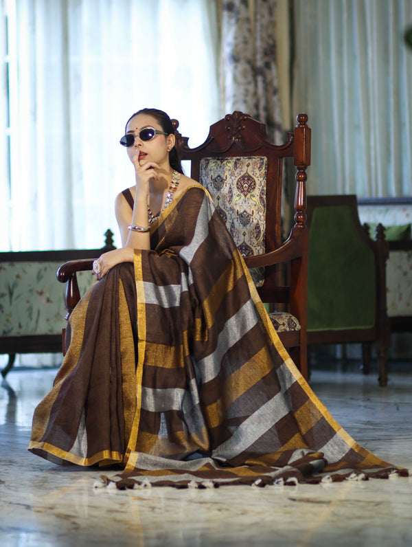 Bhagalpur Handloom Pure Linen Saree With Gold & Silver Stripes-Brown