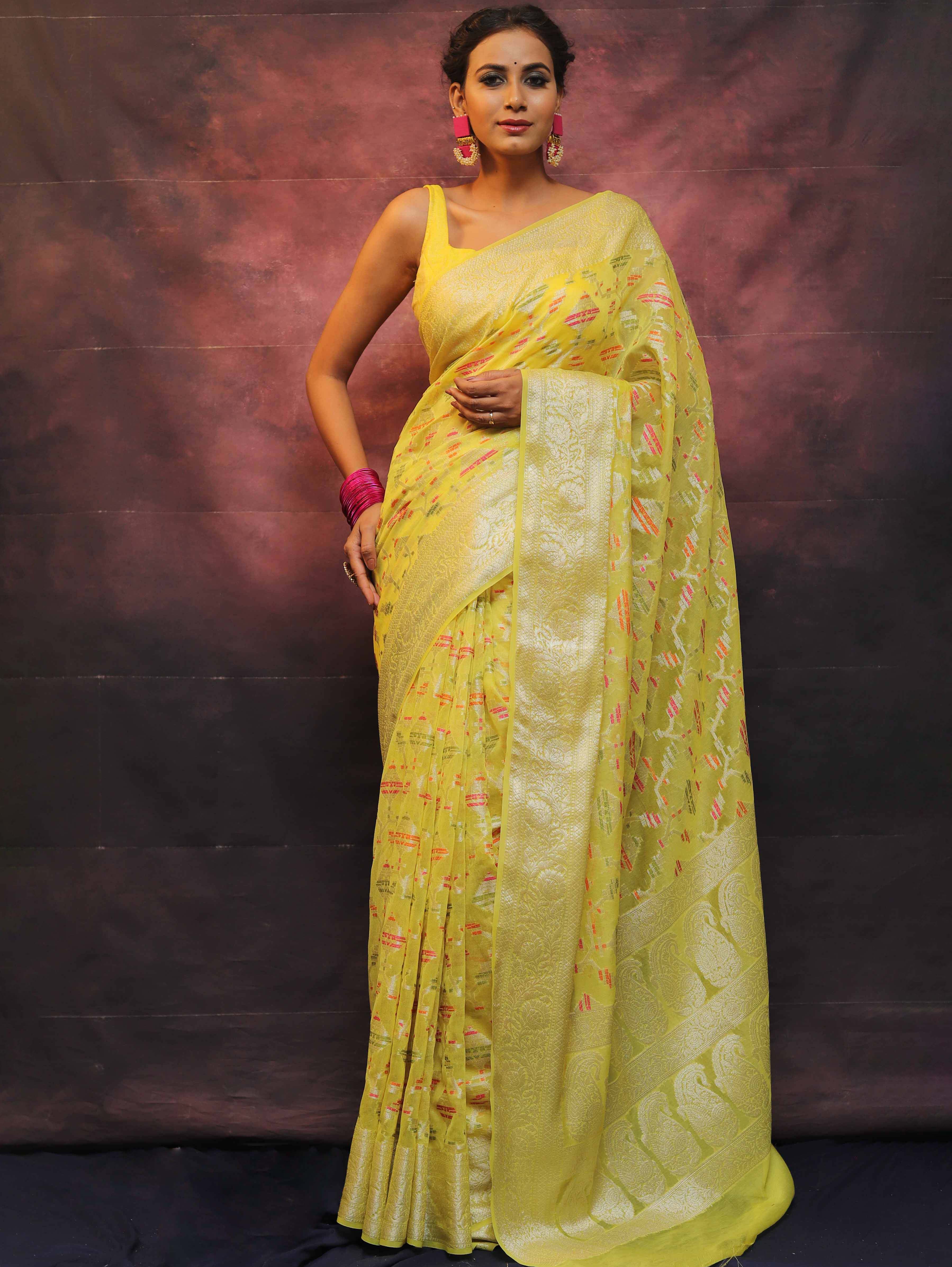 Banarasee Handwoven Semi Silk Saree With Zari & Resham Work-Yellow