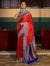 Banarasee Handwoven Mashru Silk Plain Saree With Sona Rupa Zari Contrast Border & Lace-Red & Blue