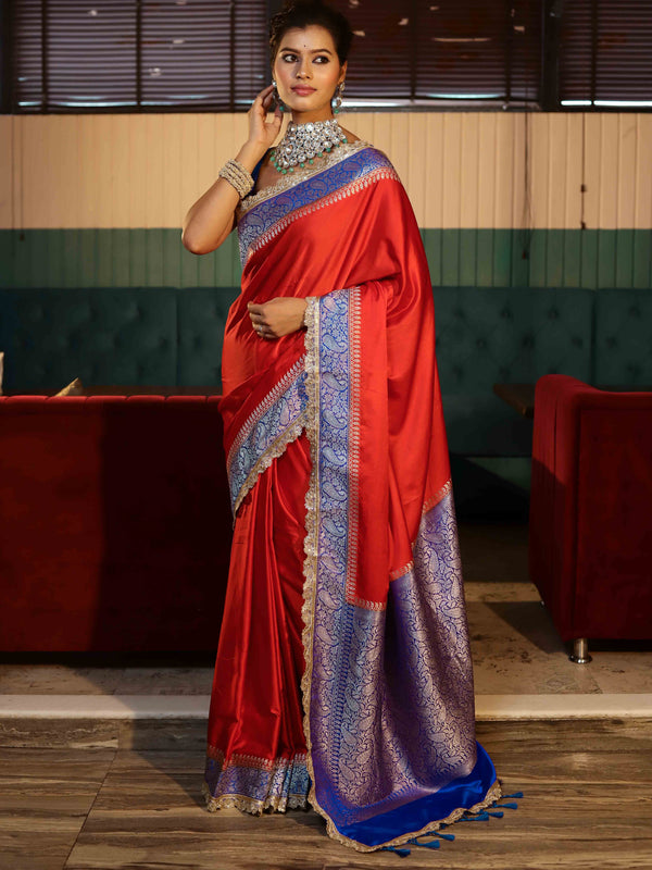 Banarasee Handwoven Mashru Silk Plain Saree With Sona Rupa Zari Contrast Border & Lace-Red & Blue