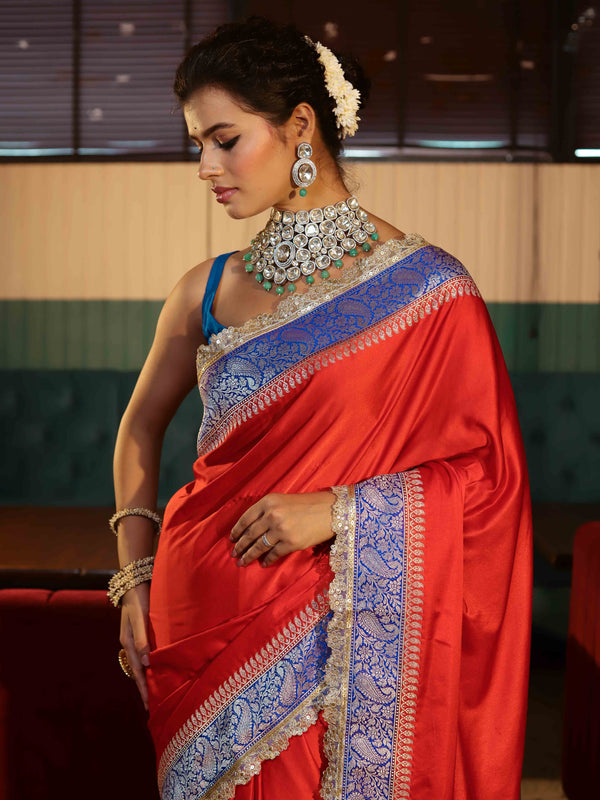 Banarasee Handwoven Mashru Silk Plain Saree With Sona Rupa Zari Contrast Border & Lace-Red & Blue