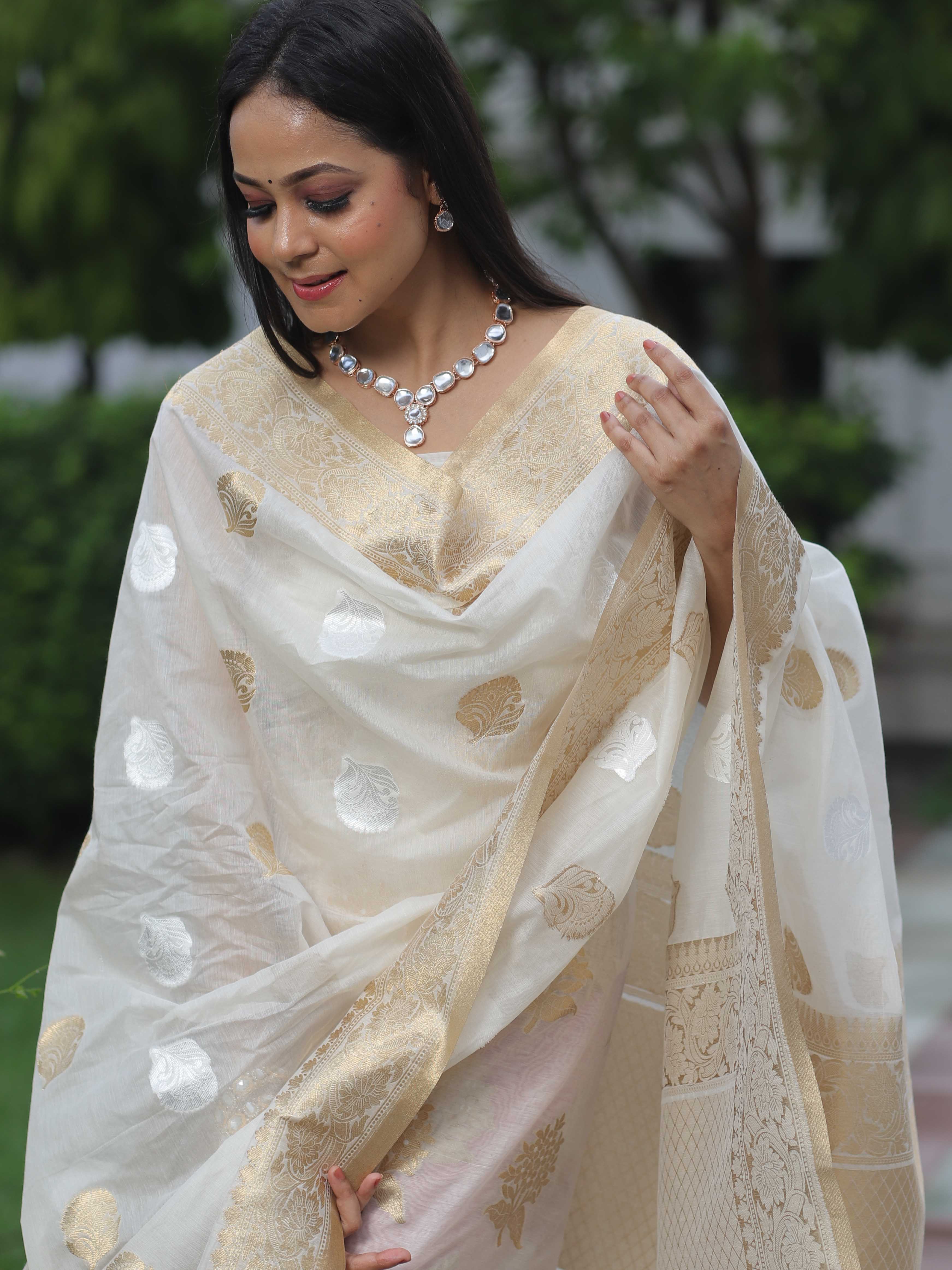 Banarasee Cotton Silk Sona Rupa Work Salwar Kameez Fabric & Dupatta-White