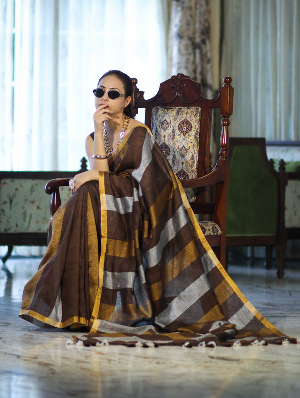 Bhagalpur Handloom Pure Linen Saree With Gold & Silver Stripes-Brown