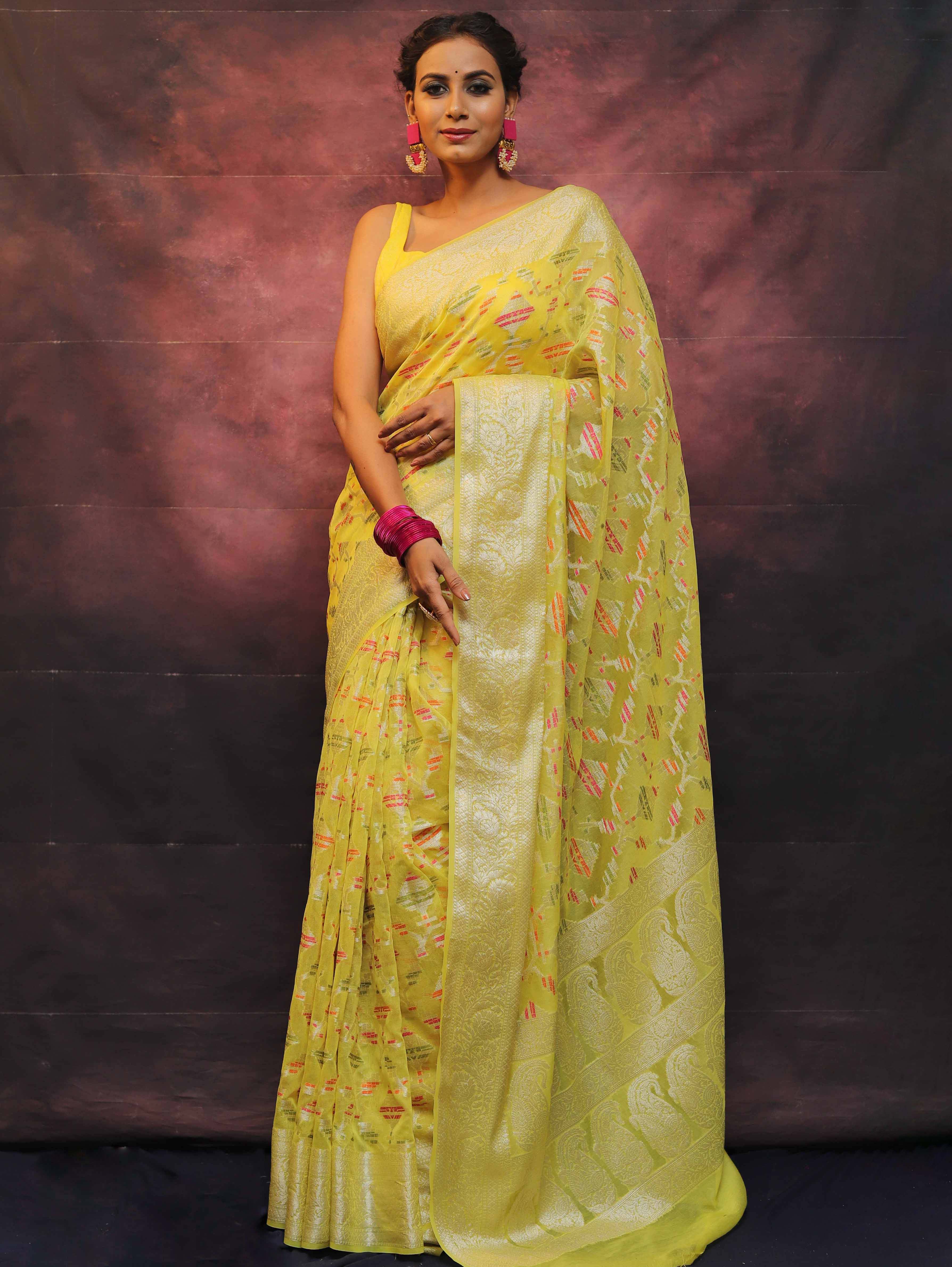 Banarasee Handwoven Semi Silk Saree With Zari & Resham Work-Yellow