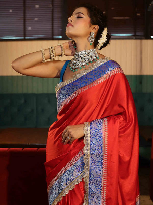 Banarasee Handwoven Mashru Silk Plain Saree With Sona Rupa Zari Contrast Border & Lace-Red & Blue