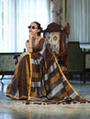 Bhagalpur Handloom Pure Linen Saree With Gold & Silver Stripes-Brown