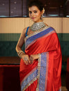 Banarasee Handwoven Mashru Silk Plain Saree With Sona Rupa Zari Contrast Border & Lace-Red & Blue
