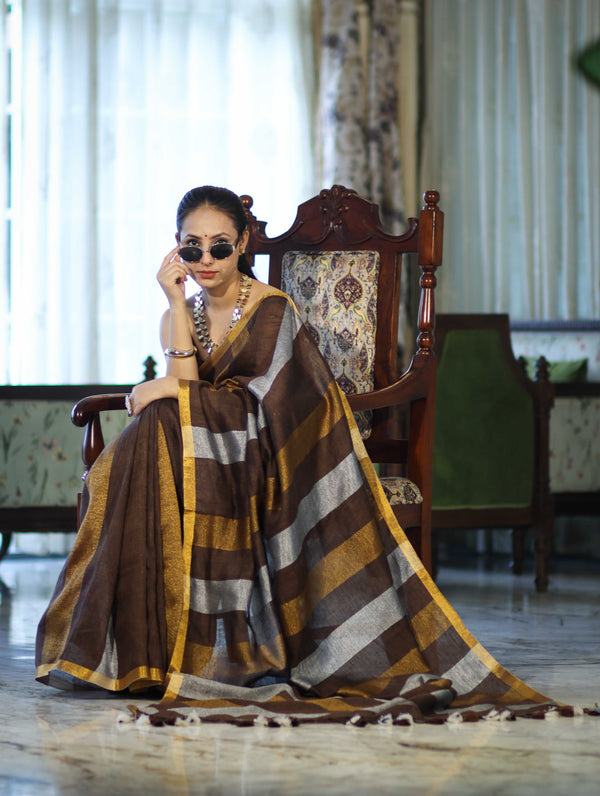 Bhagalpur Handloom Pure Linen Saree With Gold & Silver Stripes-Brown