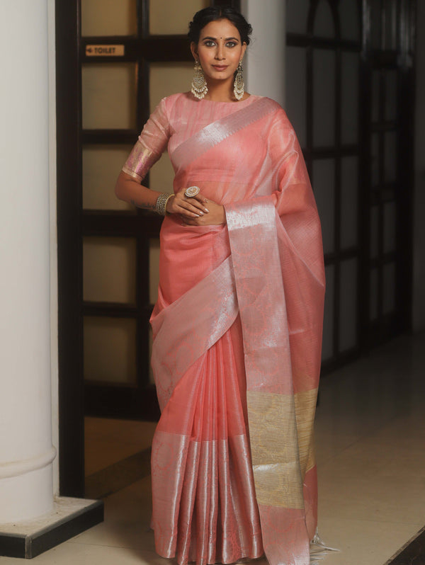 Banarasee Handwoven Plain Tissue Skirt Border Saree-Peach