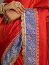 Banarasee Handwoven Mashru Silk Plain Saree With Sona Rupa Zari Contrast Border & Lace-Red & Blue