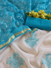 Banarasee Kota Doria Hand-Embroidered Salwar Kameez With Contrast Dupatta Set-White & Blue
