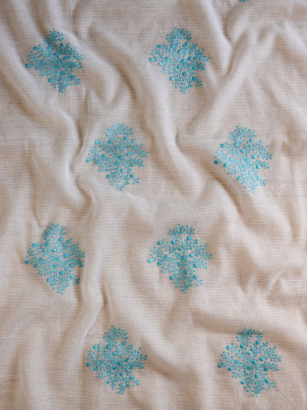 Banarasee Kota Doria Hand-Embroidered Salwar Kameez With Contrast Dupatta Set-White & Blue
