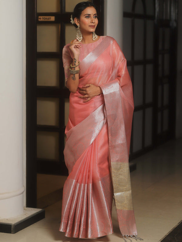 Banarasee Handwoven Plain Tissue Skirt Border Saree-Peach