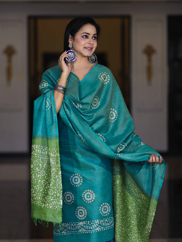 Pure Handloom Khadi Cotton Hand-Dyed Batik Pattern Salwar Kameez Dupatta Set-Green (Dual Shade)