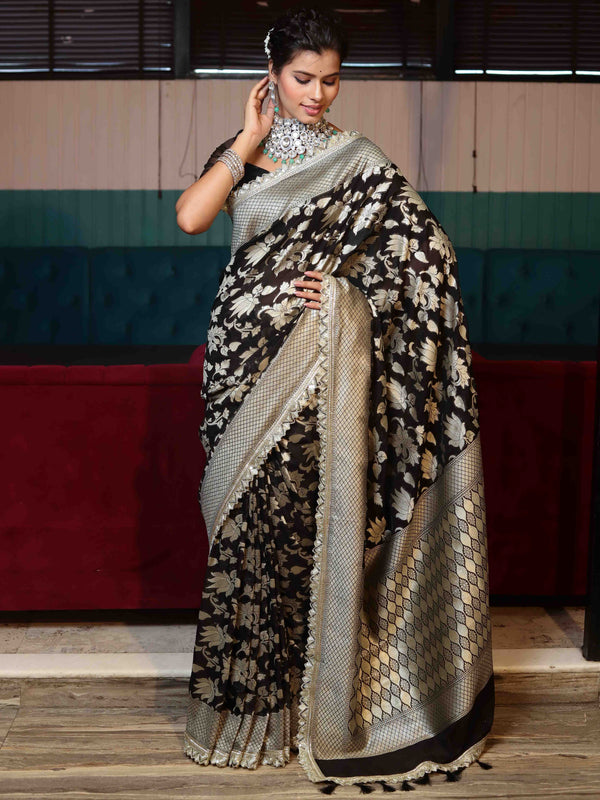 Banarasee Pure Chiffon Saree With Golden Zari Floral Design Border & Lace-Black