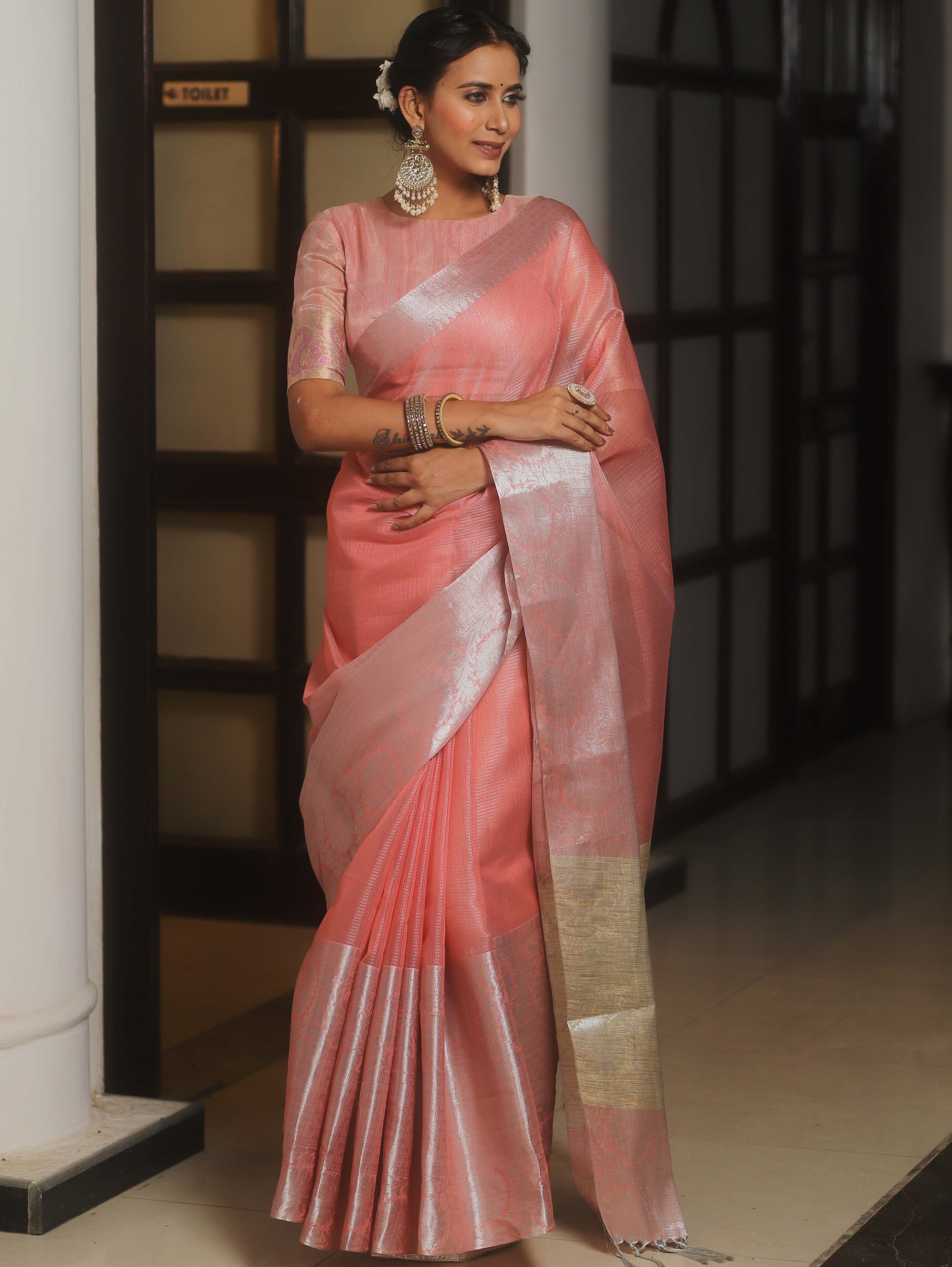 Banarasee Handwoven Plain Tissue Skirt Border Saree-Peach
