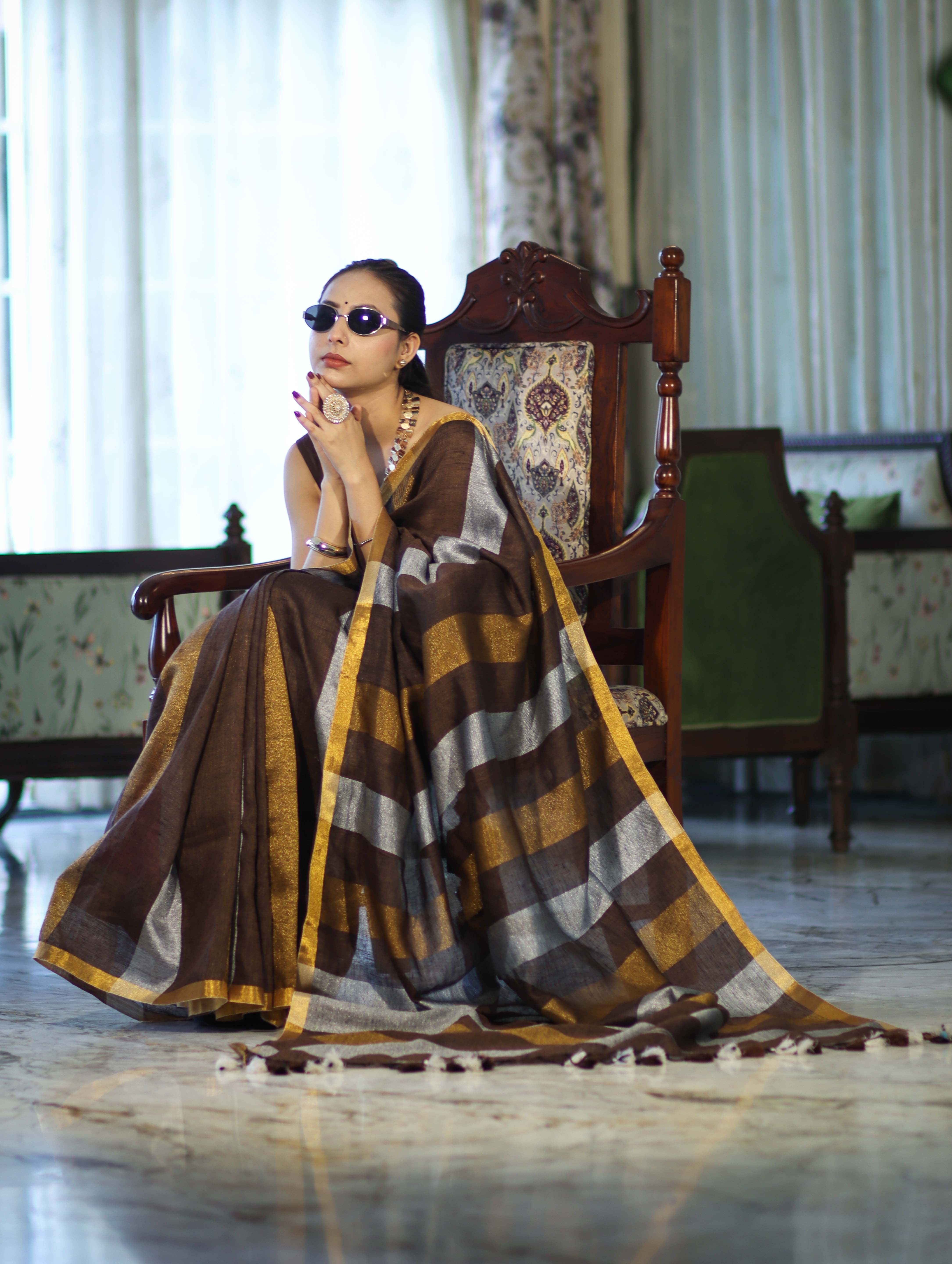 Bhagalpur Handloom Pure Linen Saree With Gold & Silver Stripes-Brown