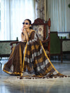 Bhagalpur Handloom Pure Linen Saree With Gold & Silver Stripes-Brown