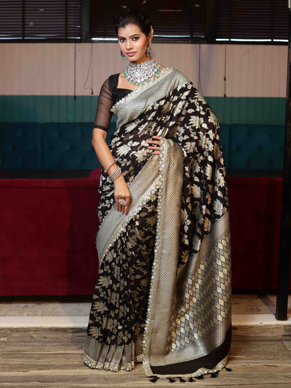 Banarasee Pure Chiffon Saree With Golden Zari Floral Design Border & Lace-Black