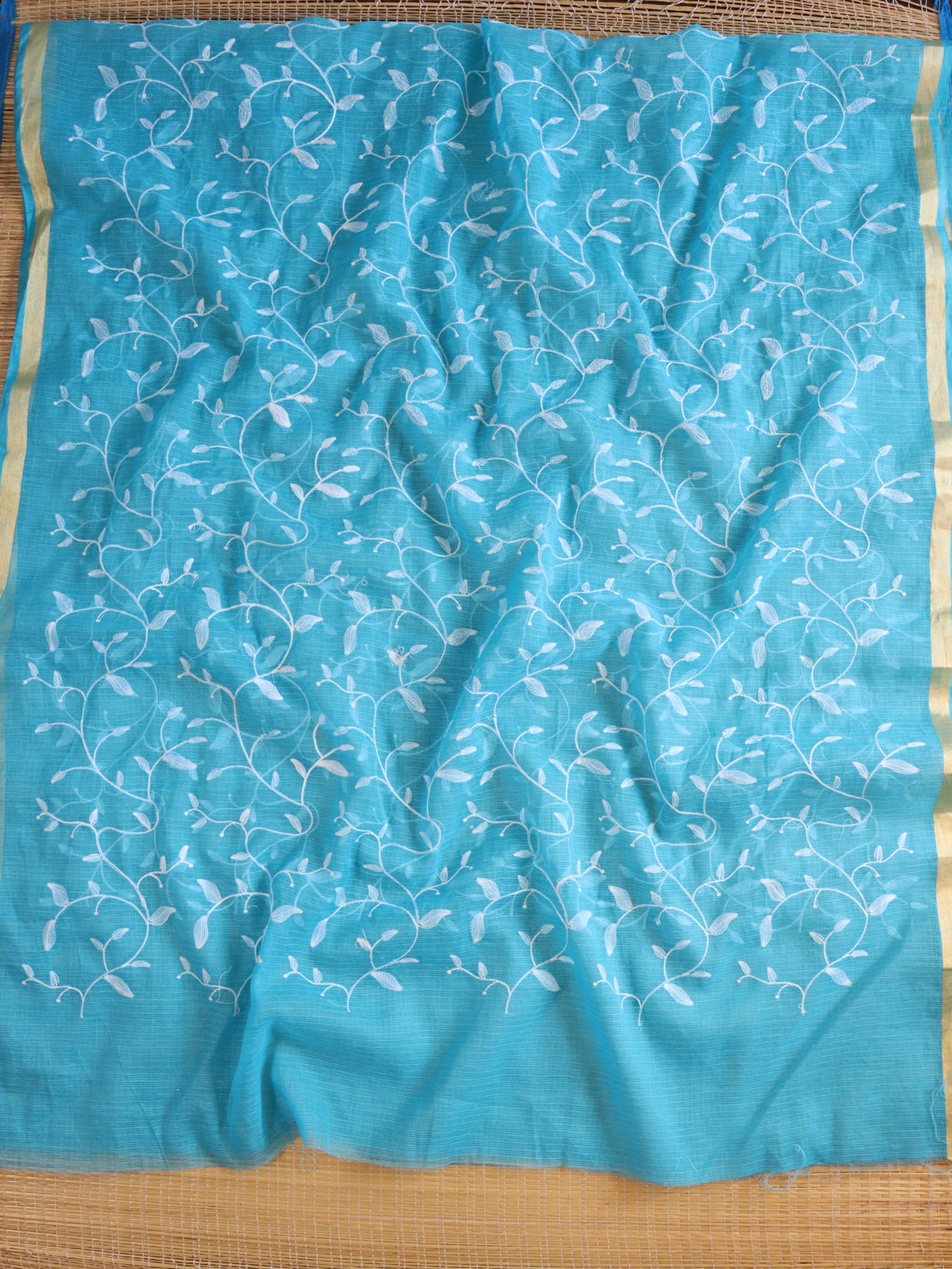 Banarasee Kota Doria Hand-Embroidered Salwar Kameez With Contrast Dupatta Set-White & Blue