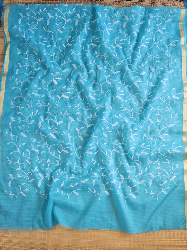 Banarasee Kota Doria Hand-Embroidered Salwar Kameez With Contrast Dupatta Set-White & Blue