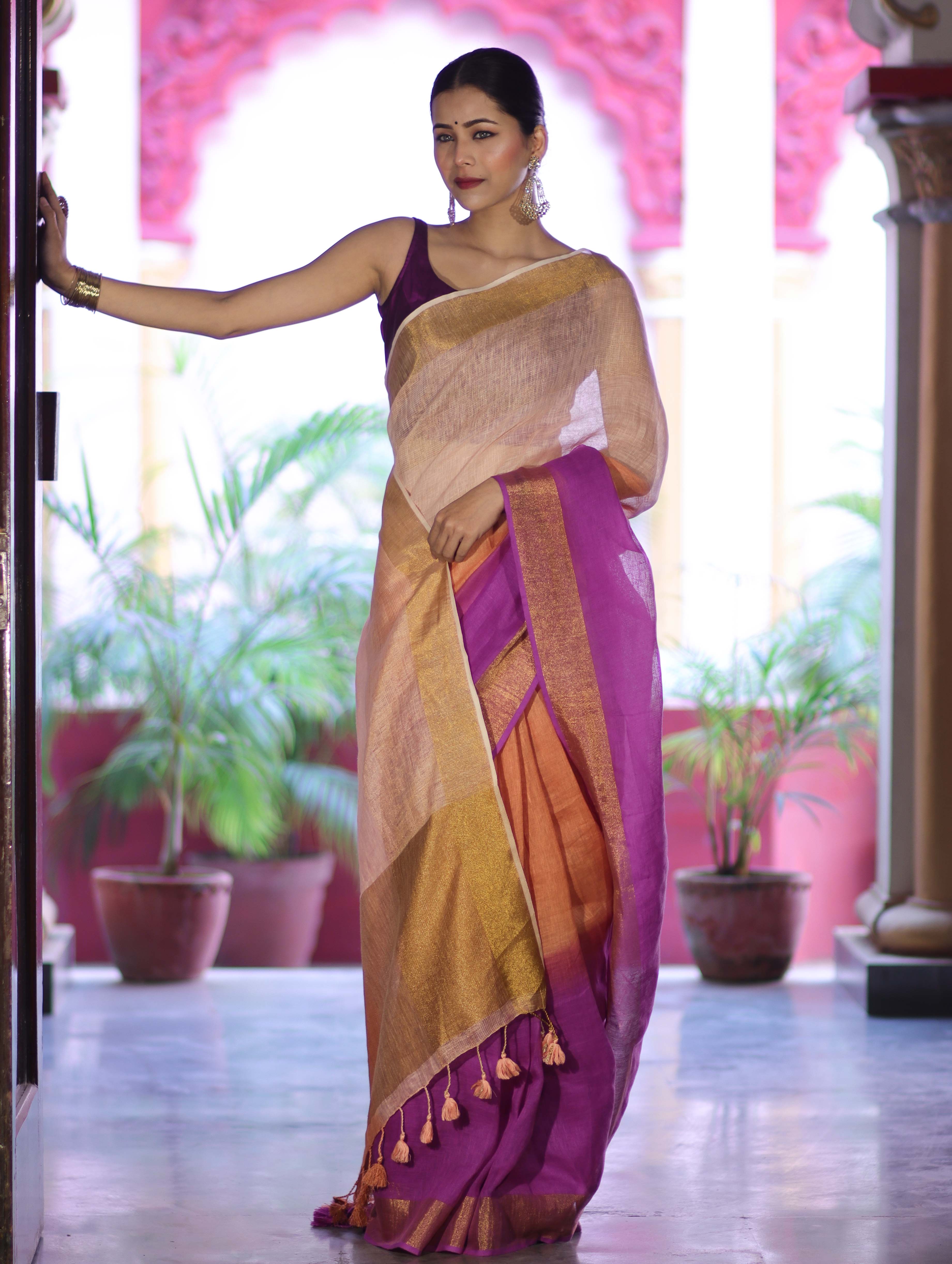 Banarasee Handloom Pure Linen Saree With Gold Zari Border-Multicolor