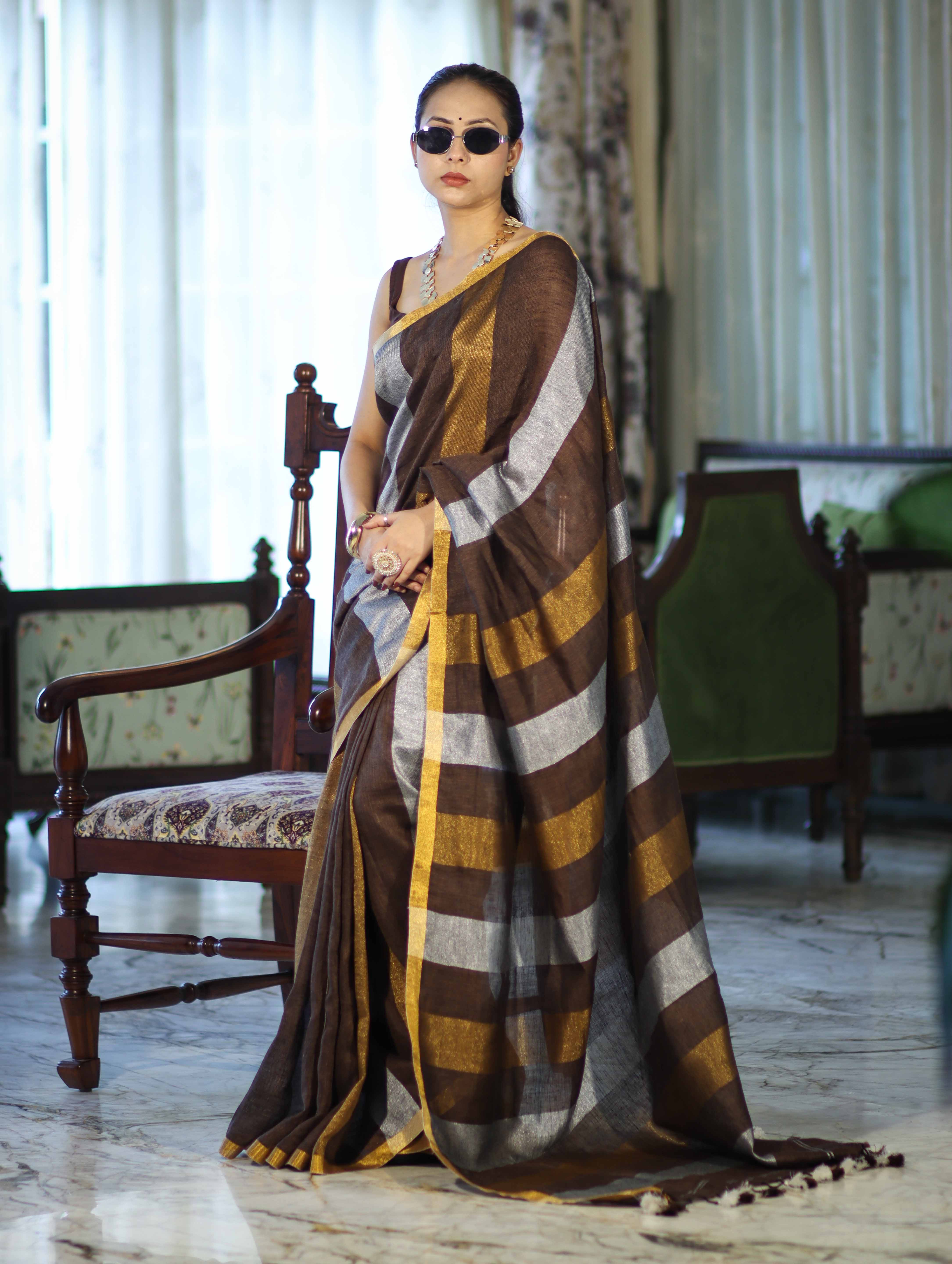 Bhagalpur Handloom Pure Linen Saree With Gold & Silver Stripes-Brown