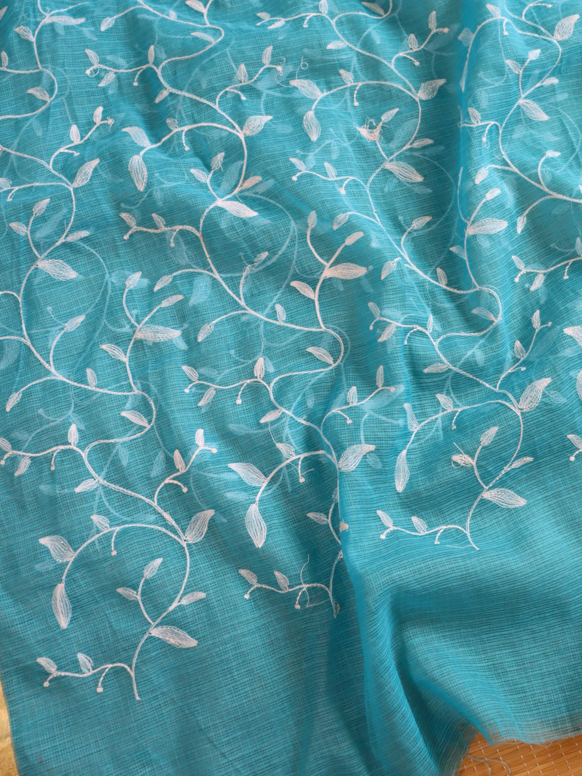 Banarasee Kota Doria Hand-Embroidered Salwar Kameez With Contrast Dupatta Set-White & Blue