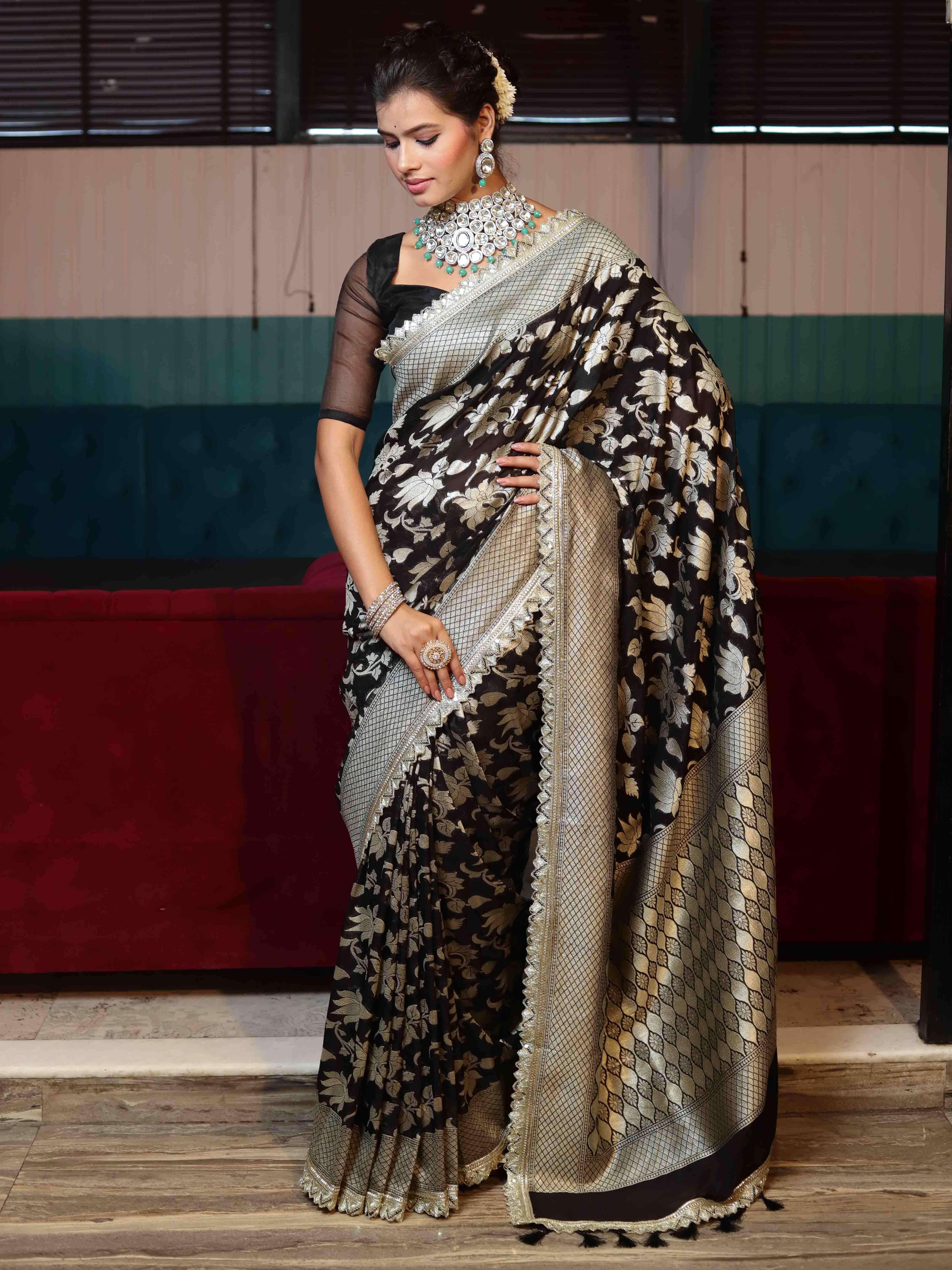 Banarasee Pure Chiffon Saree With Golden Zari Floral Design Border & Lace-Black