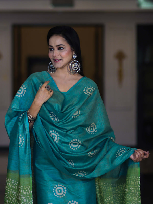 Pure Handloom Khadi Cotton Hand-Dyed Batik Pattern Salwar Kameez Dupatta Set-Green (Dual Shade)