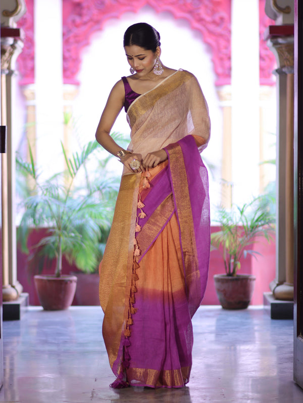 Banarasee Handloom Pure Linen Saree With Gold Zari Border-Multicolor