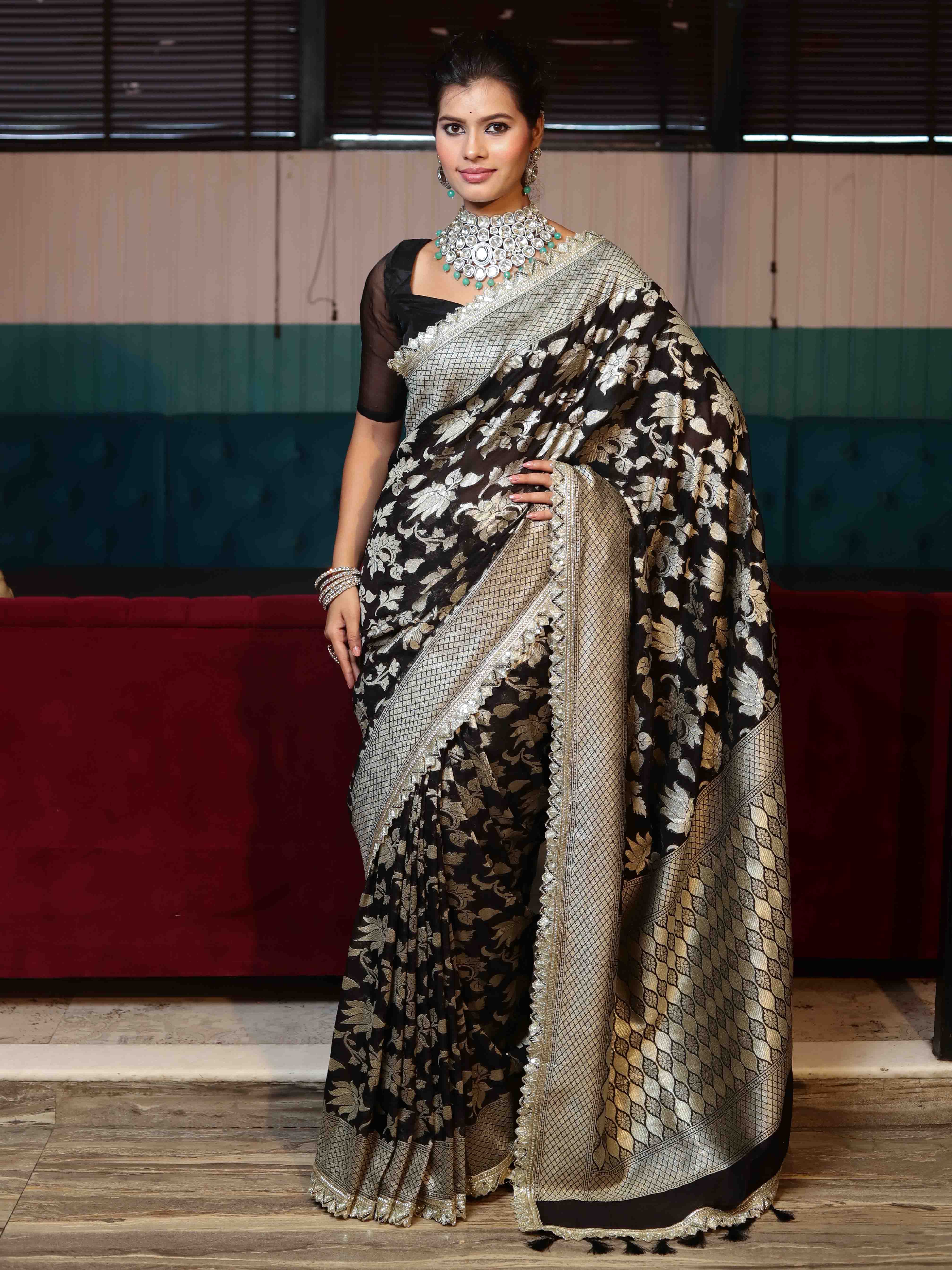 Banarasee Pure Chiffon Saree With Golden Zari Floral Design Border & Lace-Black