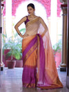 Banarasee Handloom Pure Linen Saree With Gold Zari Border-Multicolor